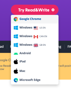 screenshot showing a pink button reading "Try Read&Write" centered on a purple background, with a drop-down menu to select the platform you would like to use Read&Write on