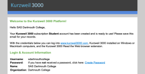 Image of the email from Kurzweil with login credentials, download links, and more