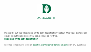 a screenshot of a webpage with a white background and the Dartmouth logo at the top, with green text and a link to the Read&Write self-registration