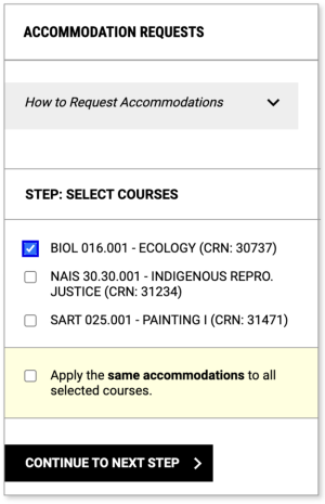 screenshot of the box that lists courses a student is enrolled in for the current term