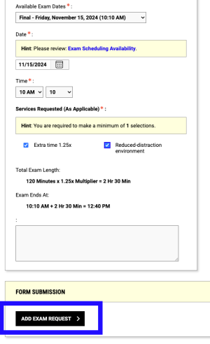 screenshot highlighting the "Add Exam Request" button to submit exam request