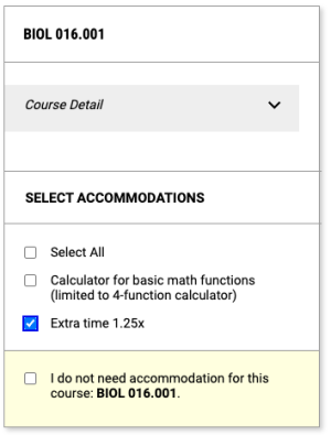 screenshot of available accommodations with clickable checkboxes to the left of each one