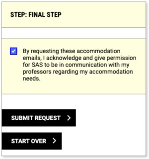 screenshot of the "Final Step" box, with a checkbox to acknowledge and give permission for SAS to notify professors of the accommodations