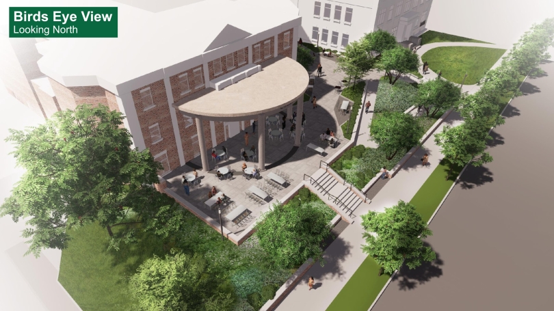 Overhead view of Collis renovations on porch