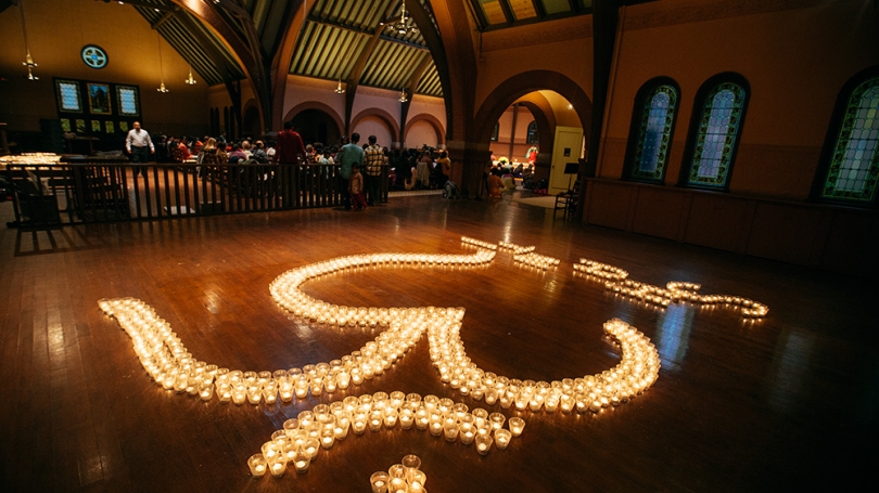 Candels on the floor in Rollins Chapel as part of Hindu Festival of Lights. 