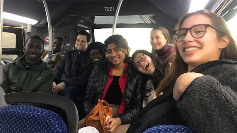 Students riding bus on 2019 ASB trip