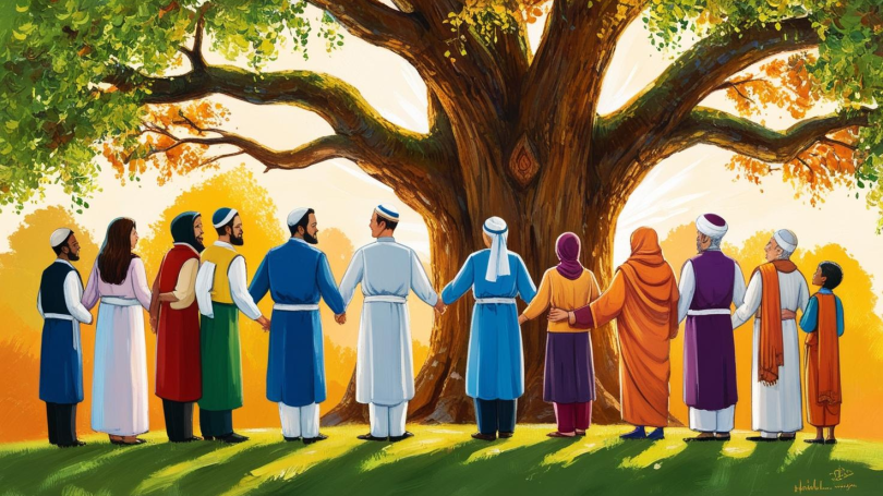 AI generated image of people of multiple faiths holding hands and surrounding a tree.