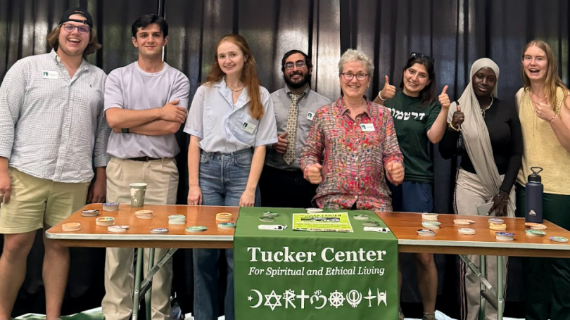 Tucker Fellows Student Employees at event with Reverend Nancy Vogele and Muslim Chaplain Abdul Latif. 