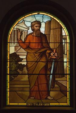 A stained glass window in Rollins Chapel, depicting the Apostle Paul.
