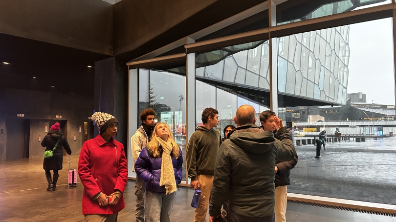 Exploring contemporary architecture at Harpa Concert Hall with Dartmouth professor Chad Elias.