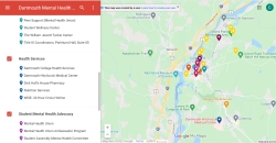 Google map with markers to note mental health resources at Dartmouth