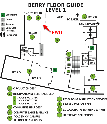 Picture of the location of the RWIT Writing Center on the first floor of Berry Library, Dartmouth College